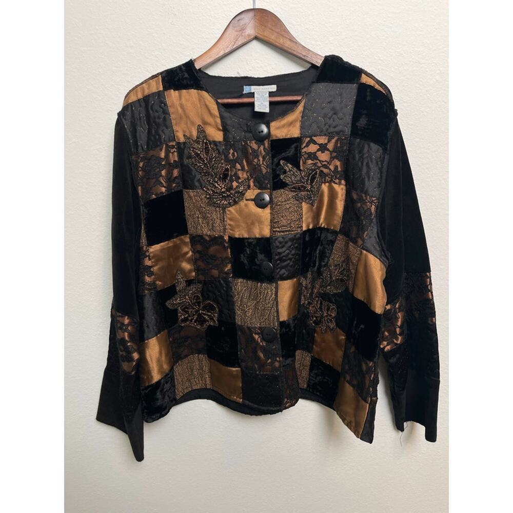 Vintage Half Moon Bay Patchwork Jacket Black Gold Velvet Lace Embellished XL